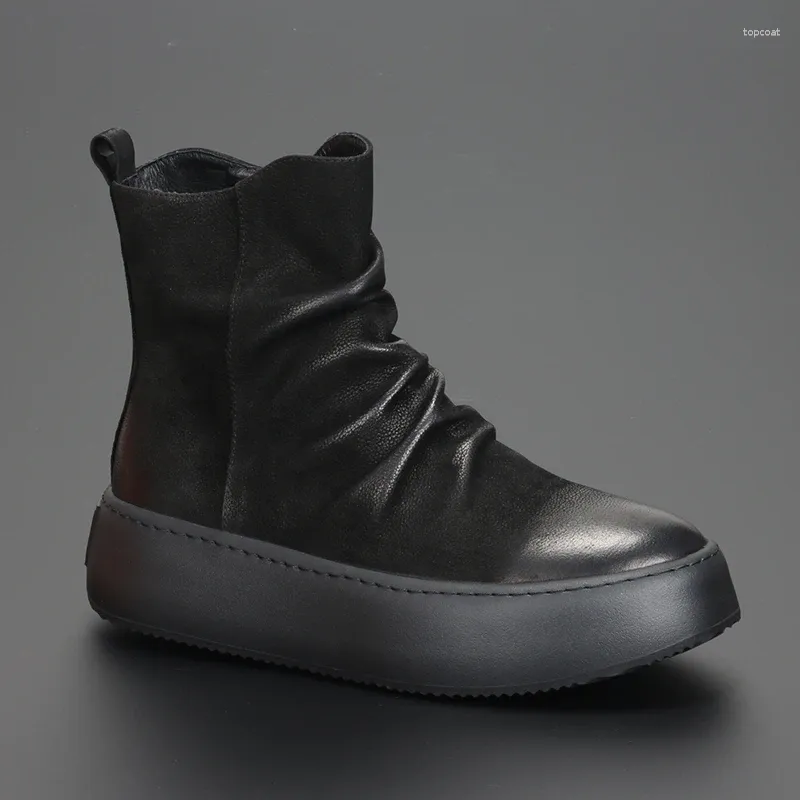 Casual Shoes European And American Trendy Men's Short Boots Leather Versatile Thick Soled High Top