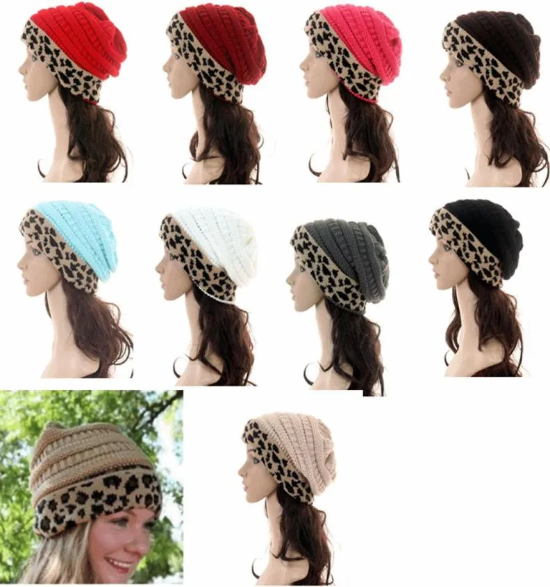 11 Колора леопардовых вязаных шляп Женщины зимние леопардовые пэчворки трикотажные шапки теплый череп для крючков для крючков для крючкового черепа.