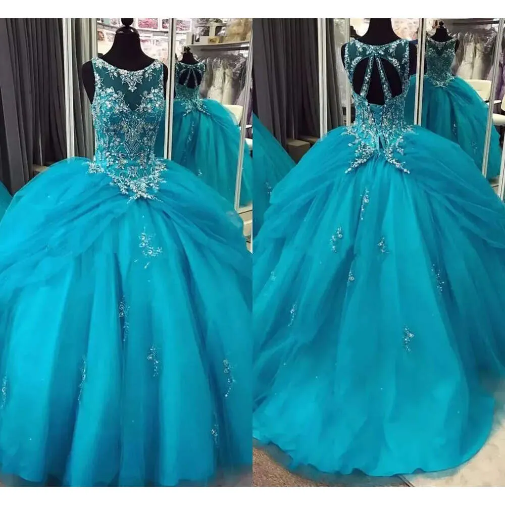 Cristais de vestidos quinceanera em camadas 2021 saia turquesa de miçangas tule tulle piso traseiro back sweet 16 baile de baile de festas vestido de baile