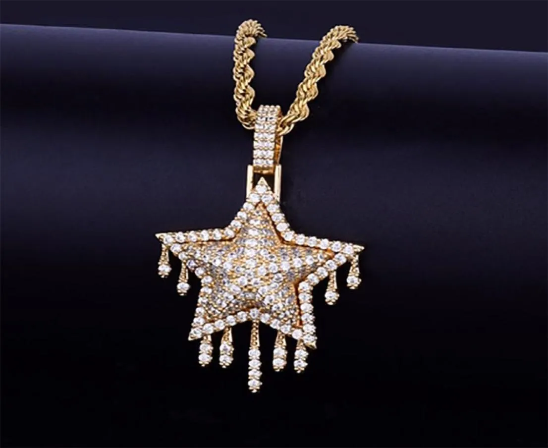 14k Gold plattiert eisiges Labor Diamant Star Tropf Anhänger Frauen Frauen mit 24 -Quot -Seilkette Halskette Silber Gold Farbe Zirkon Hip Hop Jüd