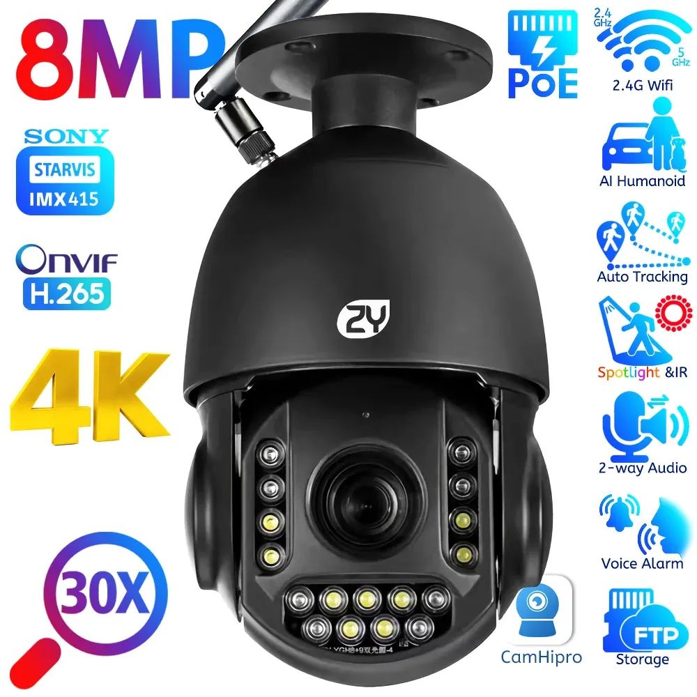 System 4K 8MP Überwachungsstoffe WiFi Camera Outdoor 30x Zoom Auto -Tracking Deckenmontage Speed Dome PTZ Farb Nachtsicht Poe CCTV -Kamera