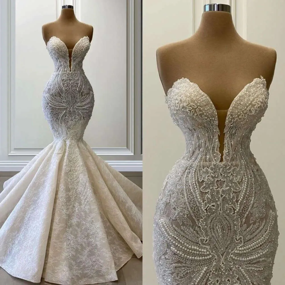 Hochzeitskleider Brautperlen Meerjungfrau Kleid Kristalle Gespüren Schatz Ausschnitt Spitze Applikation Bodenlänge Plus Größe Vestido de Novia