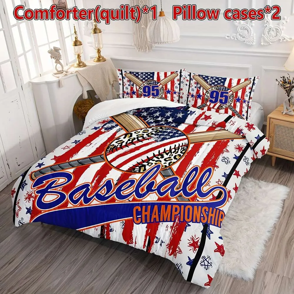 Couverture de couette American Flag Baseball pour garçons filles, couettes de baseball dans des ensembles de literie avec 1 couette et 2 taies d'oreiller toute la saison