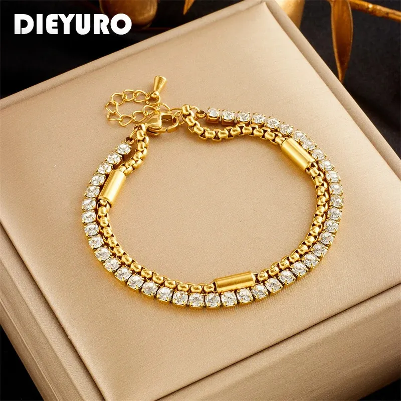 Dieyuro 316l Aço inoxidável branco zircão espumante 2in1 pulseira para mulheres jóias de jóias de pulso Pulsera 240423
