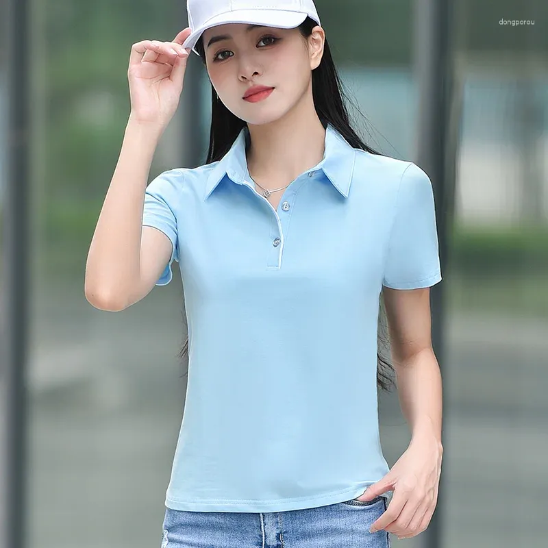 Frauen Polos Frauen Sommer Kurzarm Polo-Hemd Mode-Taste-Down-Kragen Design Solid Color Slim T-Shirt Casual Cotton T-Shirts Tops