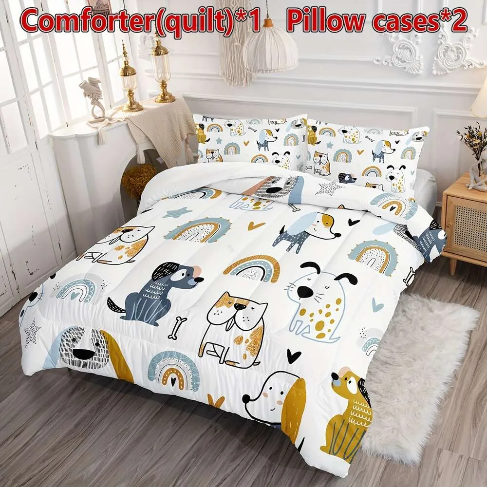 羽毛布団カバーの寝具セット漫画犬の印刷パターンキルトは、季節を通して男の子と女の子の寝室のための1つの掛け布団2枕ケースを備えた1つの枕カバー
