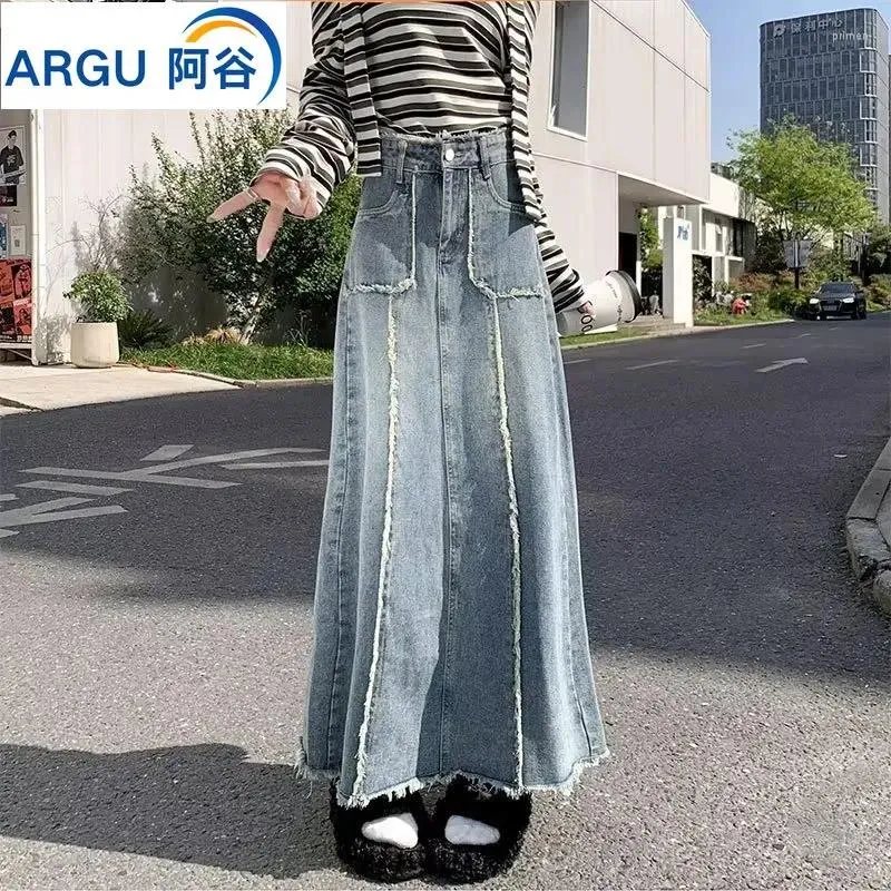 Rokken vintage dames denim lange rok casual a-line slanke wijd uitlopende jean jurk streetwear gewoon high taille midi jeans