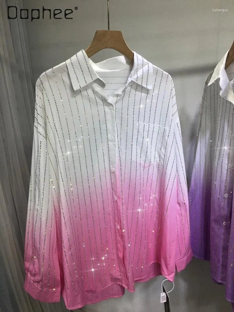 Blouses pour femmes Gradient Color Tie-Dye Linette Mid-Long Long Souve Spring Summer Polydoule Lourde broderie Drilling Cardigan
