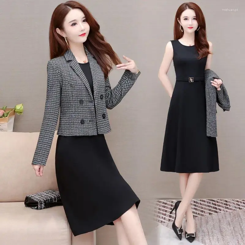 Work Dresses 2024 Women Spring Autumn Two Piece Sets Female Long Sleeve Plaid Short Coats Loose Sleeveless Dress Ladies Suits G373