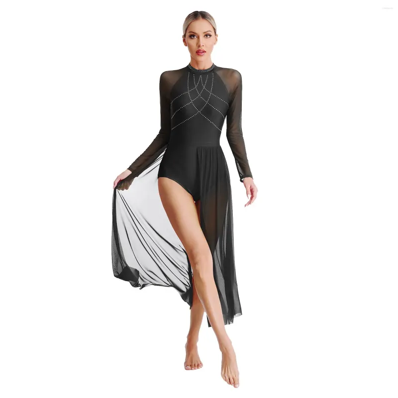 Stage Wear Women Lyrical Dance Dress Glittery Rhinestones Leotard Patchwork Flowy Split Skirts Sheer Mesh Long Sleeve Bodysuit Maxi Dresses