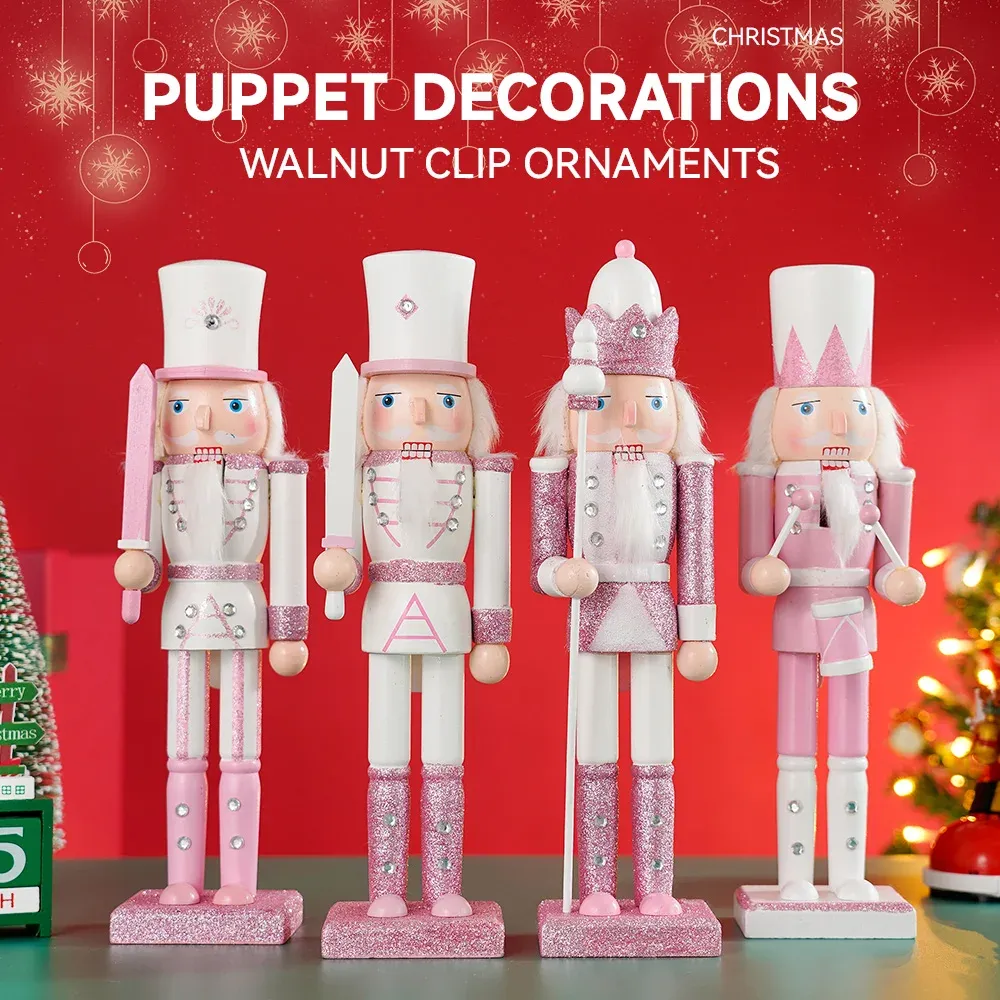 Miniaturas 30cm de madeira de neutro de madeira estatueta boneca rosa glitter soldado boneca brinquedo manual ornamento de Natal decoração de escritório em casa
