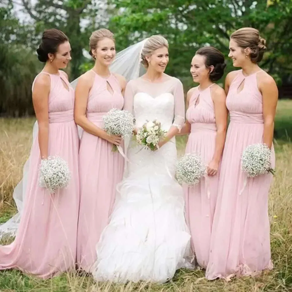 Spaghetti jurken chiffon roze bruidsmeisje roers ruches mouwloze sleutelgat nek vloeren lengte plus maatmeidegang jurk land strand bruiloft vestidos