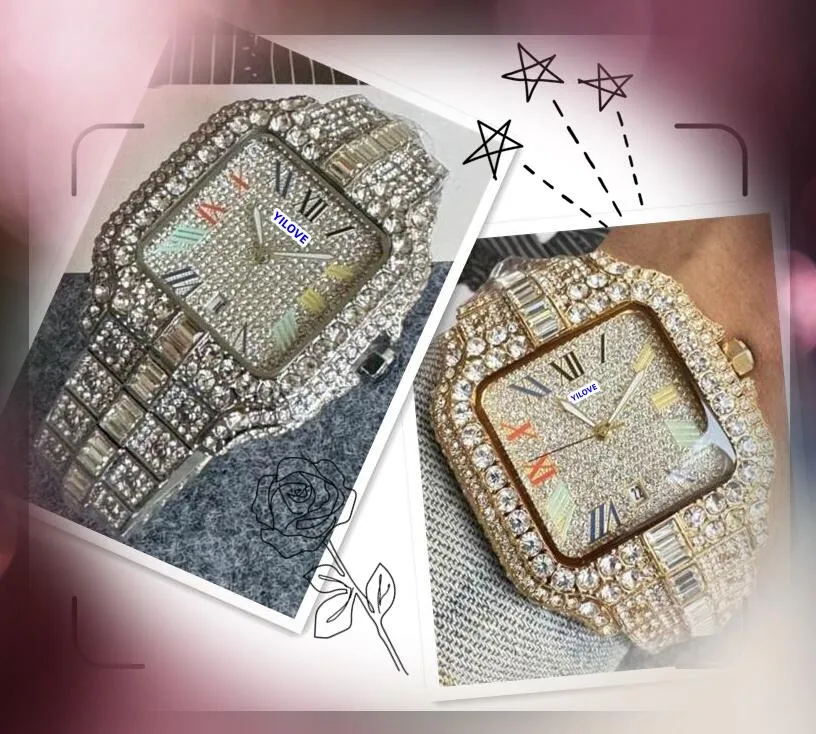 Hip -Hop -Out Square Face Watch Herren Quartz -Bewegung Edelstahlgurt Präsident Diamonds Ringkettenarmband Großhandel männliche Geschenke Armbanduhr