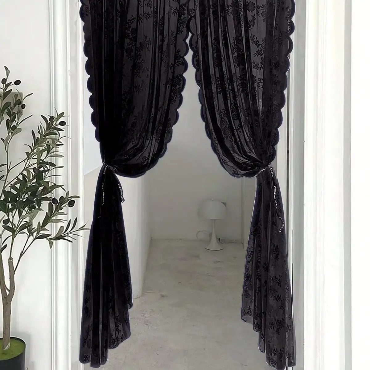 Traitements Traitements Black Floral Lace Sheer Rod Pocket Pocket Curtain Pannel Tenon