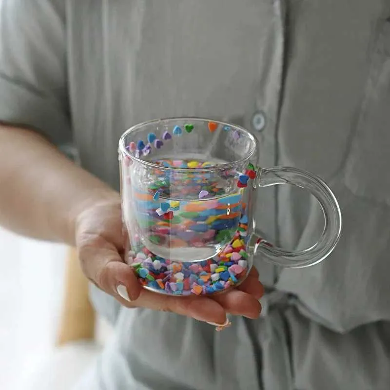 Tumblers Lazzy House Shining Fairy Double -Slier Queckspe Quecksale Cup Cup Big Ear Coffee Breakforge Heat Usulation Bubble Sequin Creative Glass H240506