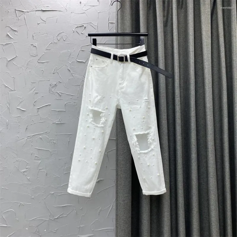 Jeans femininos 2024 Summer rasgado calças brancas finas para mulheres emagrece