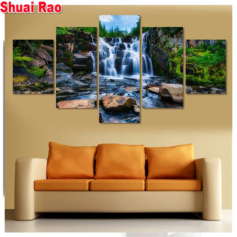 Stitch 5d DIY Diamond Painting 5 pièces Waterfall Landscape Diamond Mosaic Diamond broderie Round Cross Centch Picture de Rignestone