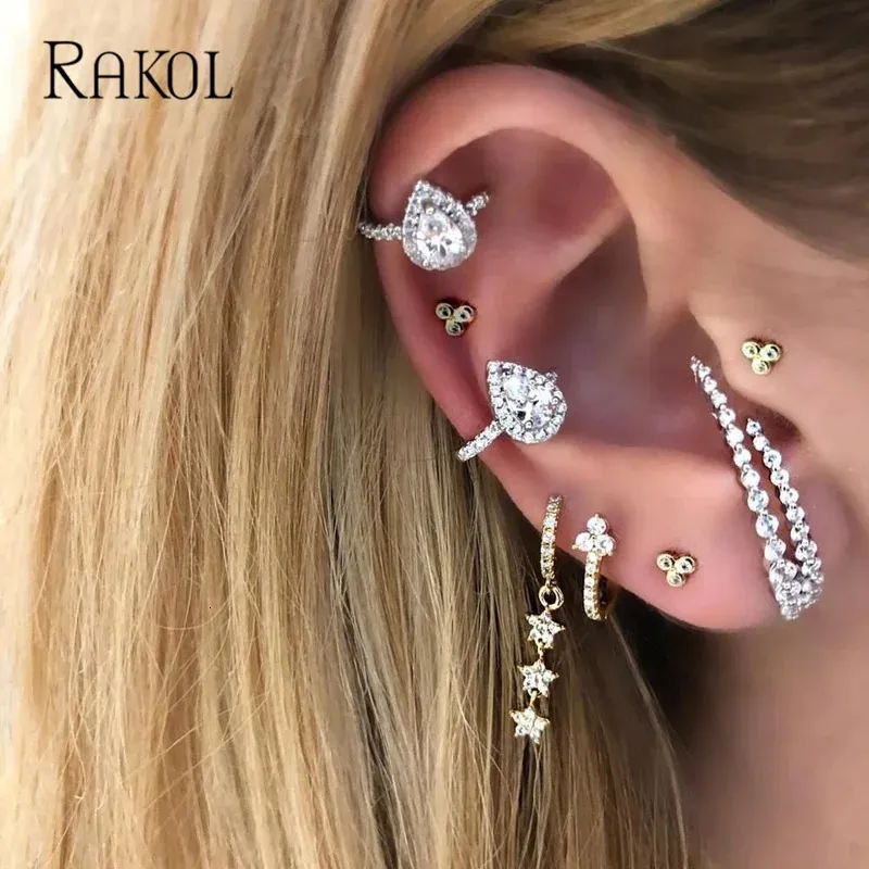 RAKOL 1 Piece Teardrop Cubic Zirconia No Piercing Ear Cuff Clip on Earrings for Women Fashion White Gold Color CZ Jewelry Gifts 240418