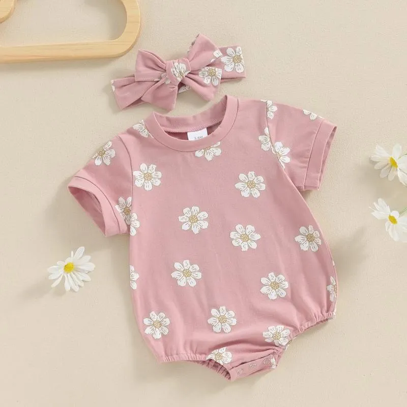 Rompers Born Babhirgher Floral Cute Flower Print Summer Kids Clothes半袖ボディスーツ幼児ジャンプスーツヘッドバンド