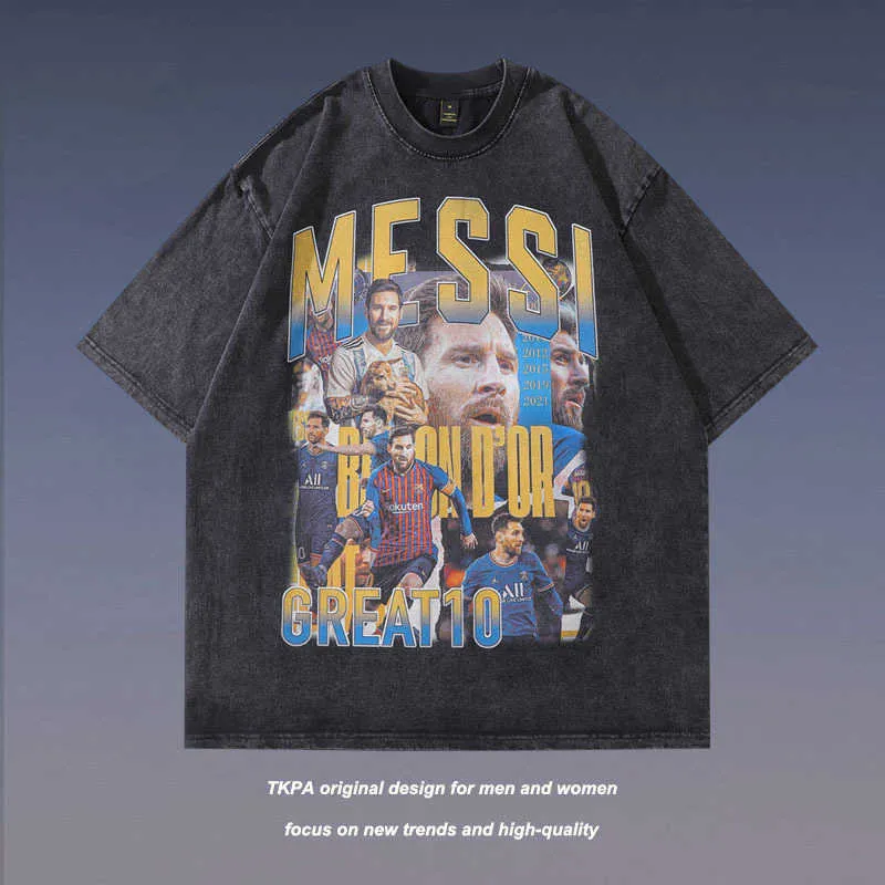 TKPA hiphop portret afdrukken oude korte mouwen t-shirt heren street modemerk los wasbare wasbaar met vijf mouwen