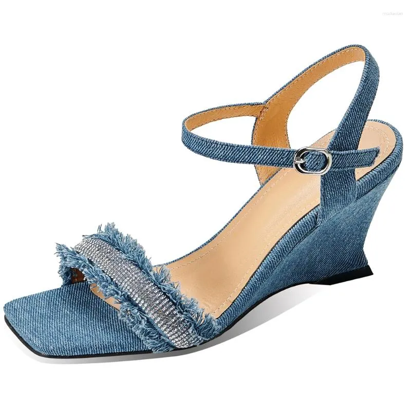 Sandals 2024 Fashion Summer Shoes High Heels Women Luxury Wedge Designer Ladies Square Toes Blue