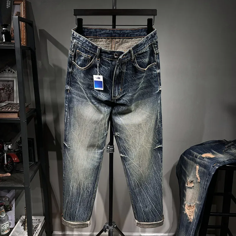 Plus-storlek mäns nostalgiska jeans, avslappnade lösa jeans, mörkblå, storlek 40-48 för 100-142 kg fet kille