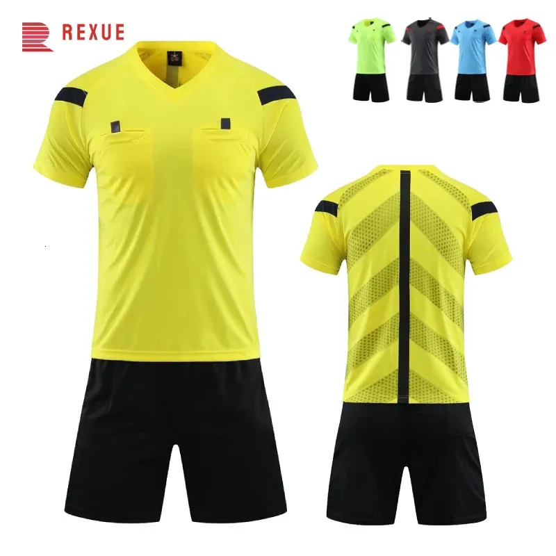 Professionell domare Soccer Jersey Set Vuxen V-hals Fotboll Uniform Kort ärm Match Judge Shirt 3 fickor Shorts 240430