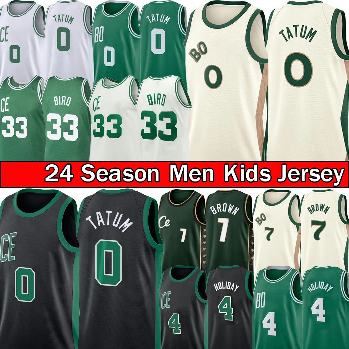 Jayson Tatum Basketball Jerseys Jaylen Brown City Jersey 4 Jrue Holiday Retro Larry 33 Bird 2023-24 hommes Kidans Youth Green Centred Sports Basket Shirt