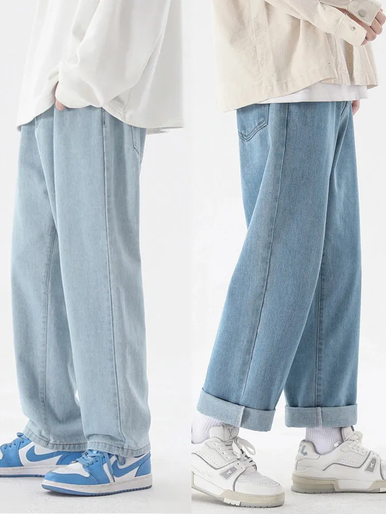 Корейская модная мужская мужская повседневная джинсы Anklelength Classic Man Straight Denim Wideleg Panteg светло -голубые серые черные 3xl 240430