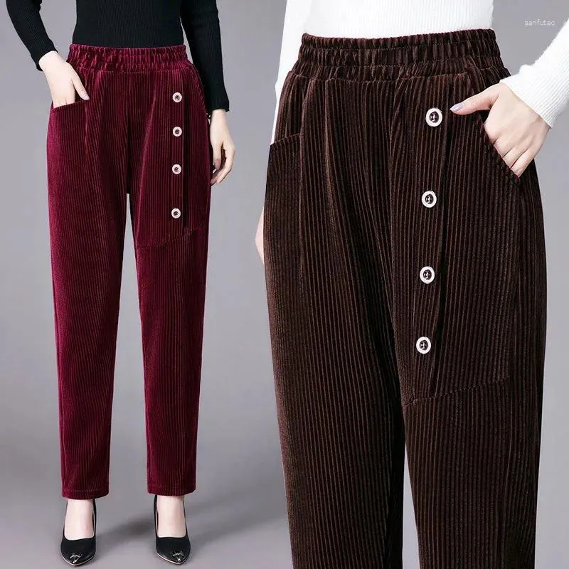 Women's Pants Corduroy Harem Autumn Winter Thick Add Velvet Trousers High Waist Loose Large Size Mother Button Casual