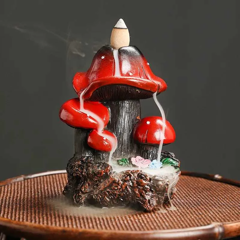 Fragrance Lamps Resin Mushroom Waterfall Backflow Incense Burner Flowers Pond Incense Holder for Home Relaxation Halloween Easter Decorations T240505