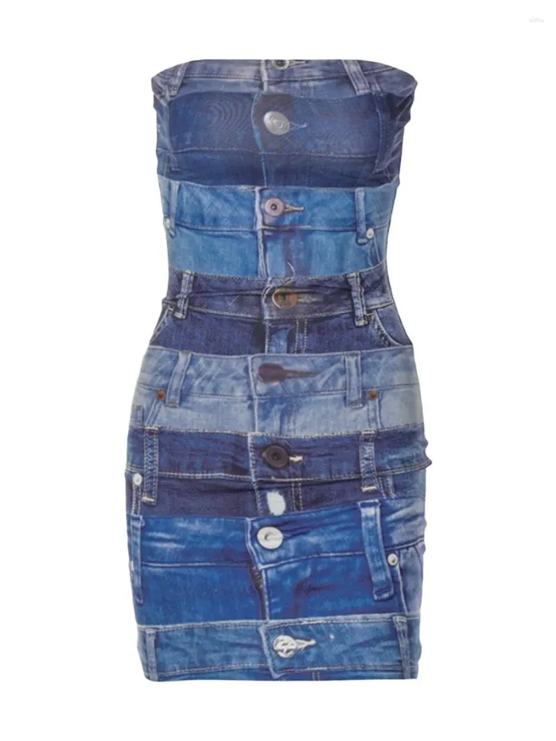 Casual Dresses Women S Sexy Denim Dress Strapless Sleeveless Buckle Belted Bodycon Corset Mini Y2k Clubwear