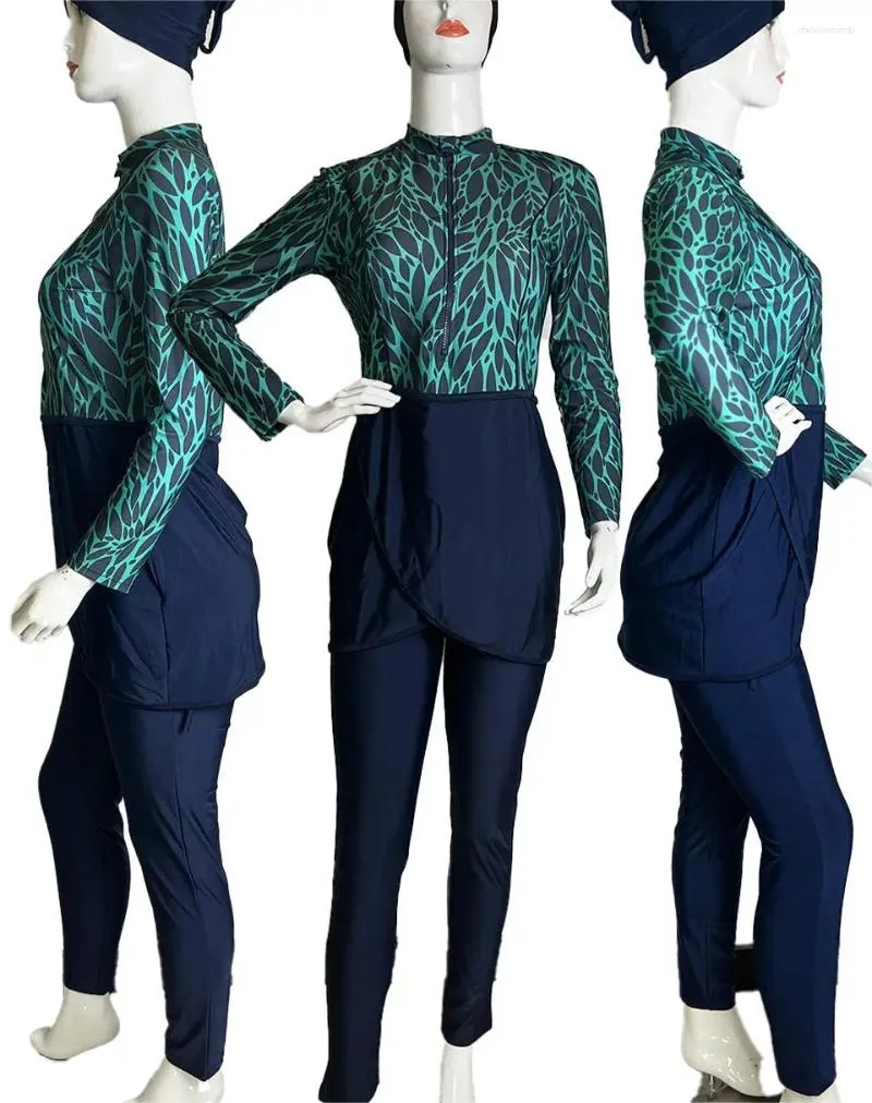 Dames badkleding 3 -delige set moslim zwempak lange mouw stevige kleur gewoon burkini groen blad le buini slanke pasvorm