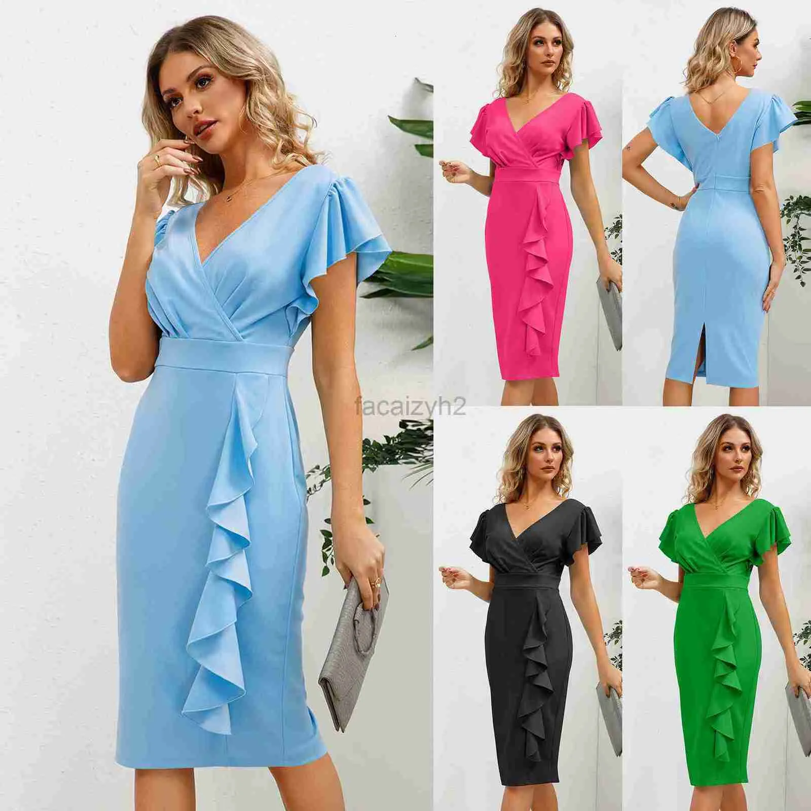 Robes décontractées de base robe de créatrice robe professionnelle d'été Nouvelle femme en V à col à col froissé en V Slim Slim Fit plus taille grande jupe