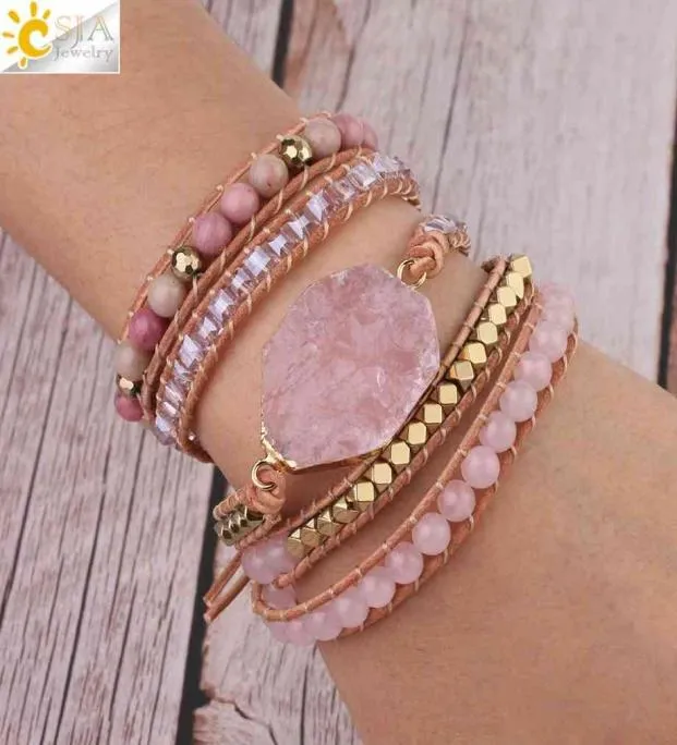 Bracciali avvolgenti in pelle rosa in pelle di pietra naturale csja per donne rose gemme perle in cristallo di boemia gioielli 5 fili S3086171535