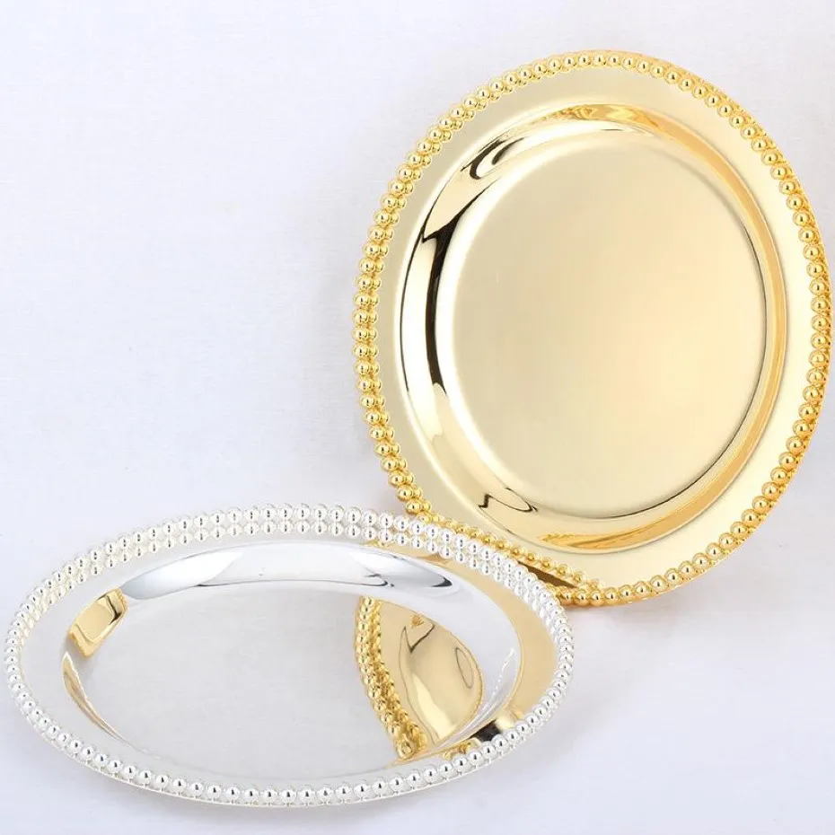 Gerichte Teller Luxus silberne Gold Ladegerät Metallschale 25 cm 9 8 Runde Nusskuchen für Heim Weihnachten Dekoration 305c