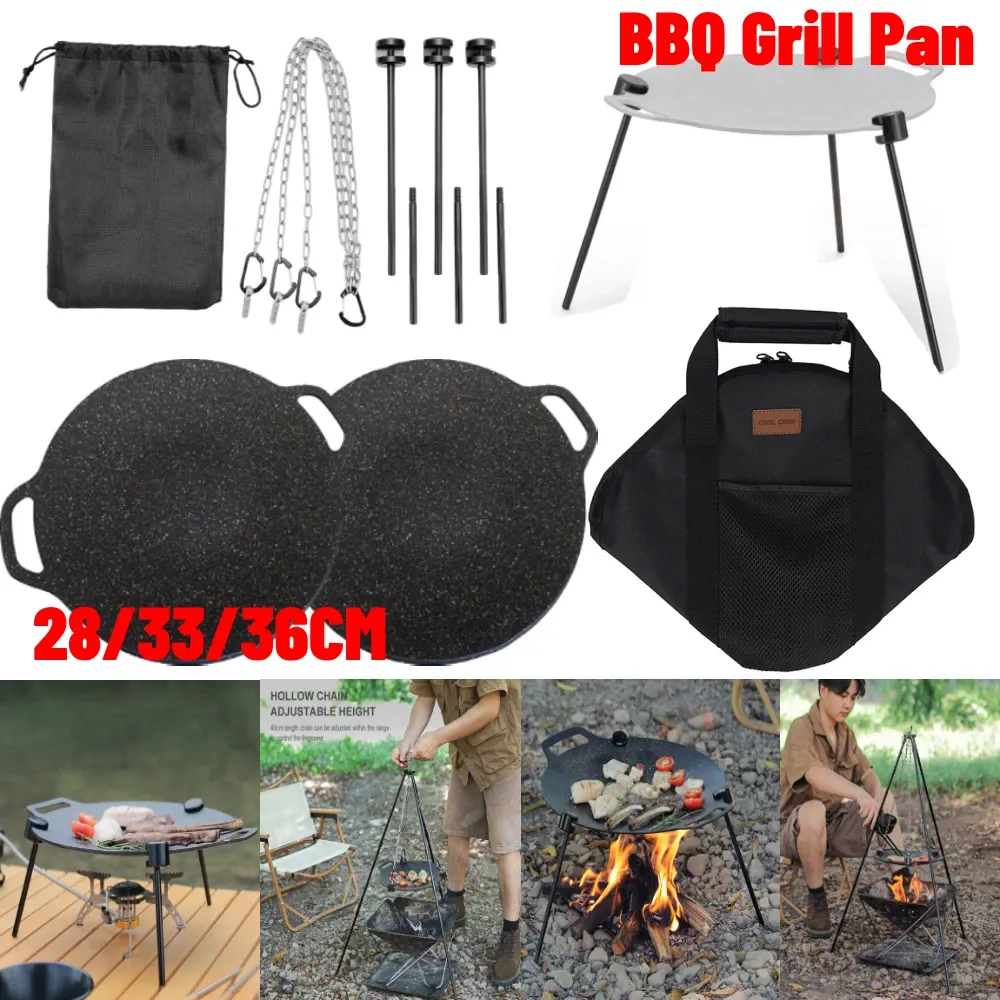 Grills 29/33/36 cm Grilling Pan Nitstick BBQ bakplaat met verstelbare ladeondersteuningsketen draagbaar voor buitenkamperenkeuken Bakewa