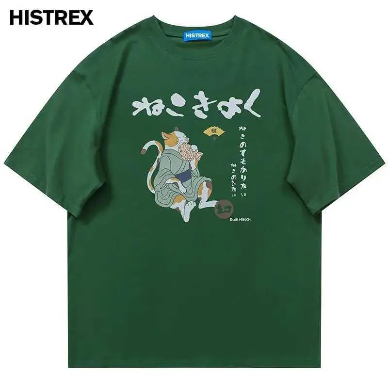 Męskie koszulki 2023 HARAJUKU MĘŻCZYZN TSSHIRTJAPANISE KANJI Zabawny Kat Cotton T-Shirtsummer Fashion Hip Hop T Shirtsnew Cartoon Casual Gruby Tops H240506