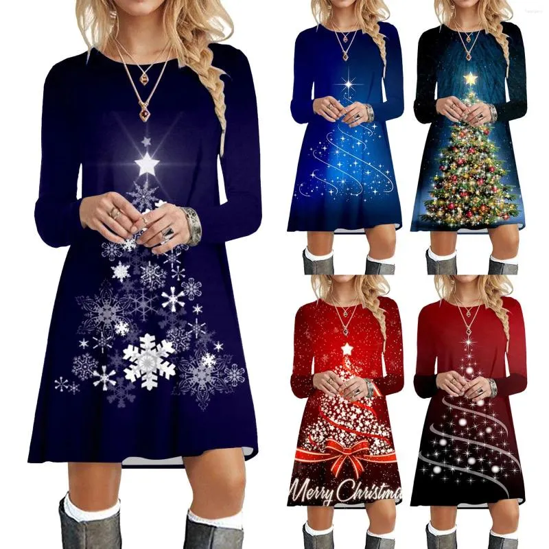Casual Dresses Christmas Printed Dress Women Autumn Winter Fashion Round Neck Long Sleeve Plus-Size Loose Vintage