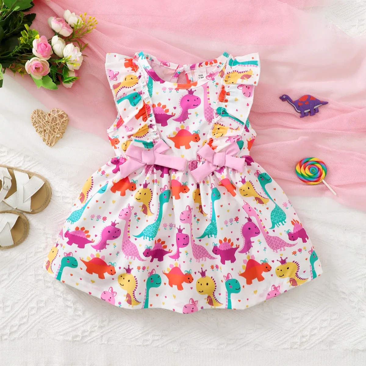 Robes Carton de mode petite robe sans manches dinosaures adaptée à la petite fille de 6 mois à 3 ans