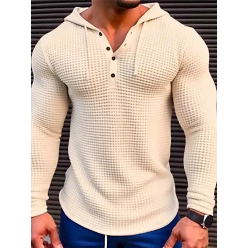Sweats à capuche masculine 2024 Nouvelles couleurs contrastées pour hommes à manches longues Henley Neck Sweat Sports Hoodie Waffle Polyester T-shirt à manches longues Q240506
