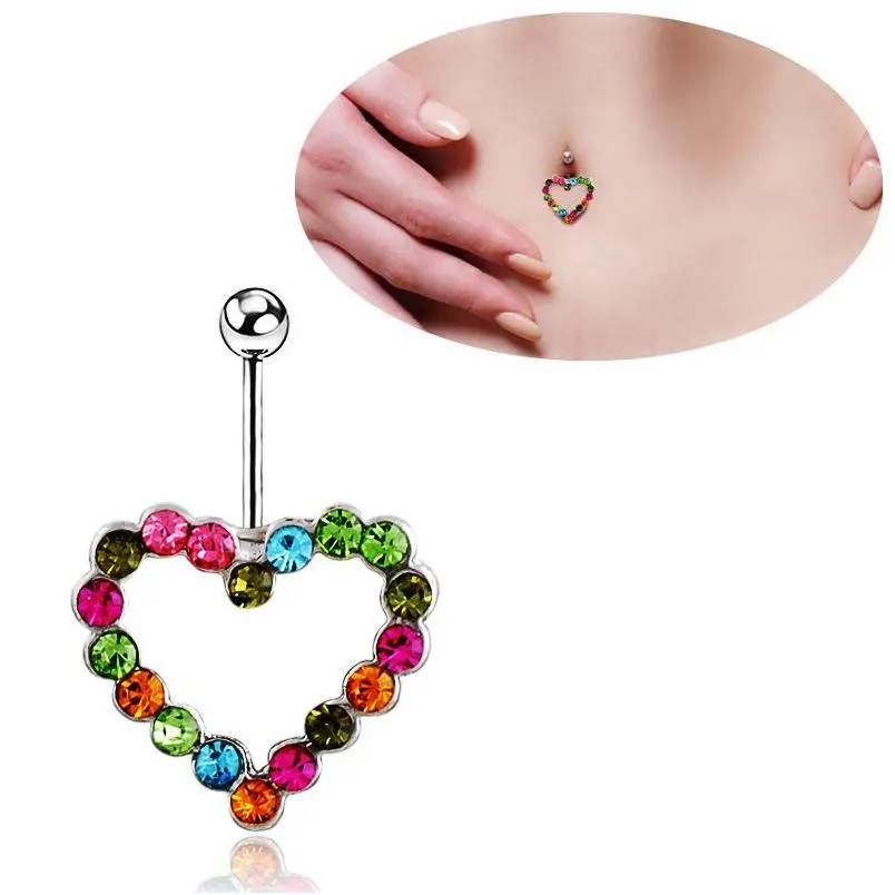 Navel Bell -knop Wasit buikdans Colorf Love Heart Crystal Body sieraden roestvrijstalen strass piercing bengle voor DRO DHK7Q