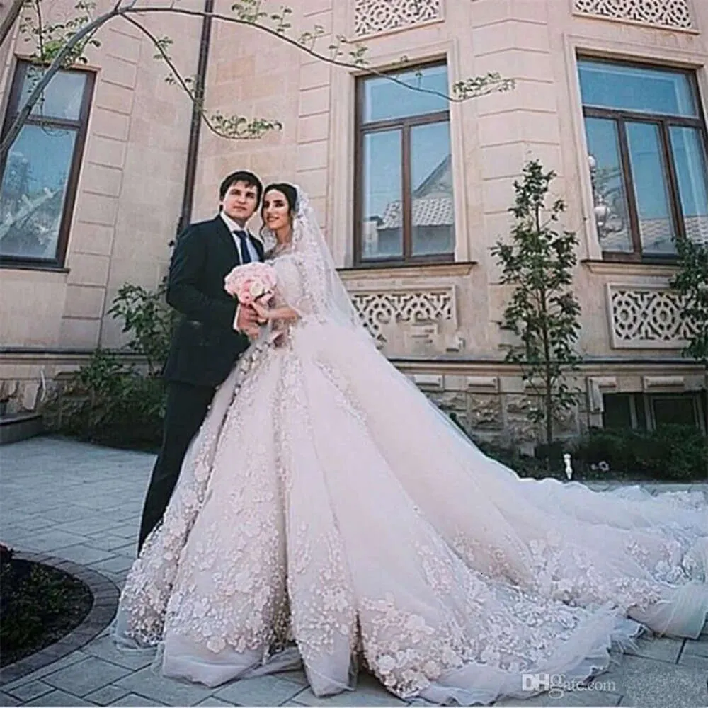 Арабские 3D Made 2018 цветочные платья на заказ на заказ на плече кружево длинные рукава свадебные платья часовня свадебные платья es 0510