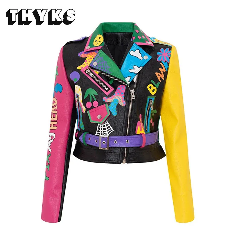 Autumn Winter Womens PU Leather Jacket Belt Slim Lapel Short Coat Fashion Color Graffiti High Street Motorcycle Blazer 240423