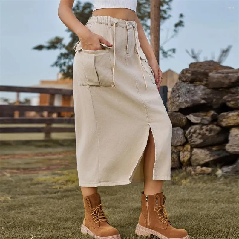 Skirts Benuynffy Women's Front Slit Washed Denim Long Fashion Drawstring High Waist Zipper Straight Skirt With Pockets