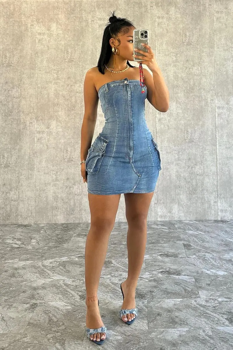 knee length dresses for ladies Press Play Strapless Mini Dress Denim Blue– Selfie Leslie main image 0