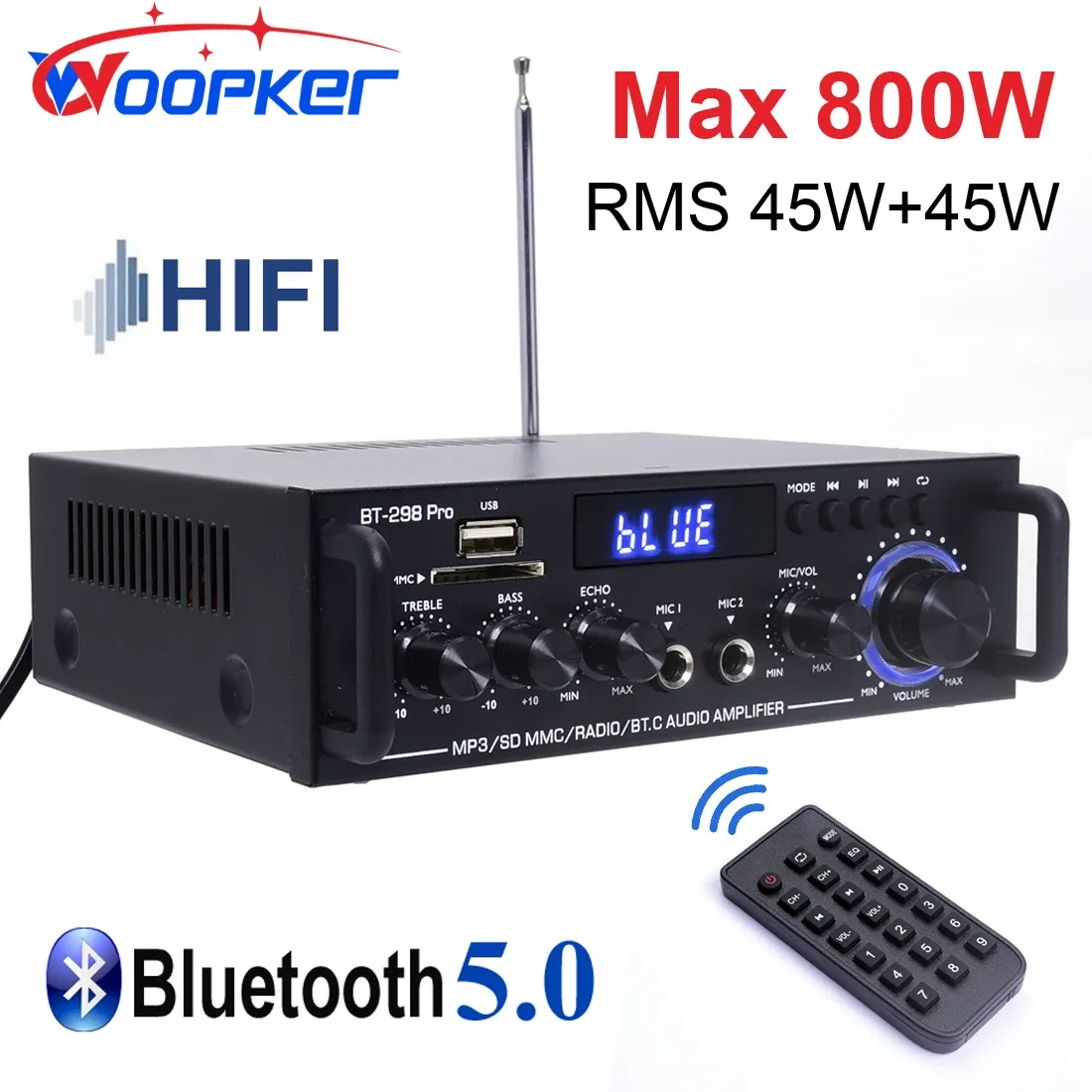 Verstärker Woopker Power Amplifier BT298 Pro 2.0 Kanal Stereo Bluetooth Amp mit Remote max 800W für Heimkino -Lautsprecher Subwoofer