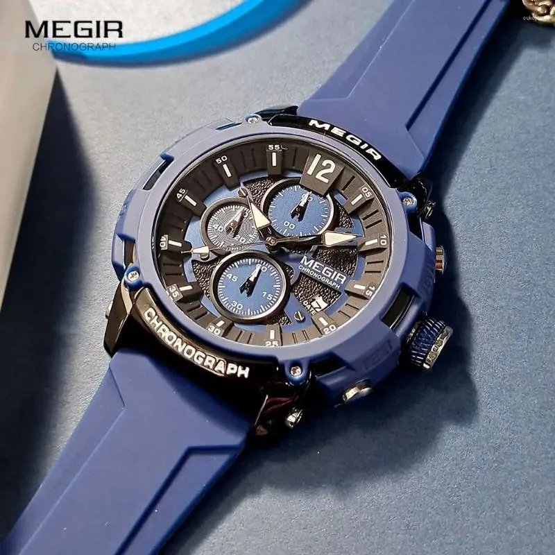 Orologi da polso megir uomini orologi con cinturino in silicone blu navy cronografo sport cronografo quarzo orologio da polso impermeabile mani luminose