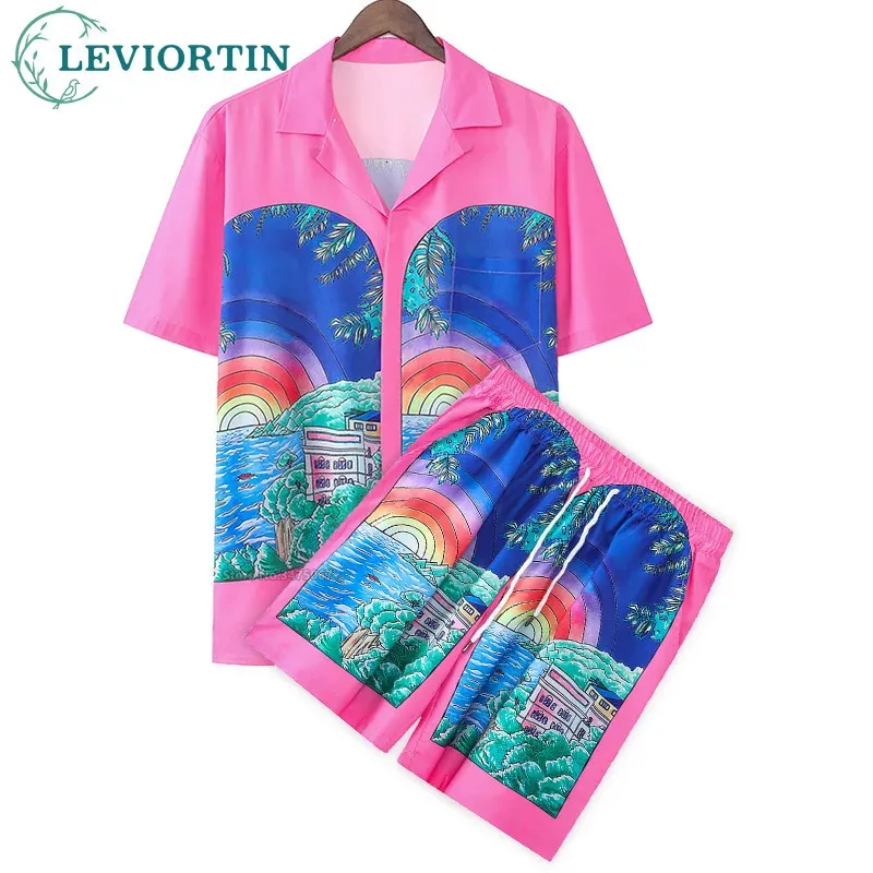 Streetwear Shorts Suits pour hommes Harajuku Shirts surdimensionnés courts sets rose hawaïen hawaïen décontracté 2 pièces Unisex 240504
