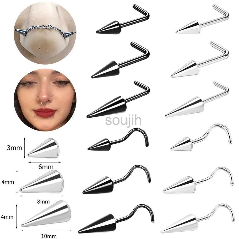 Body Arts ZS 20G Schwarze Spike Nasenloch Piercings Stains Stahlkegel Nasenstollen Doule Nase Piering Schmuck Langes Spike Nasenloch Ringkette D240503